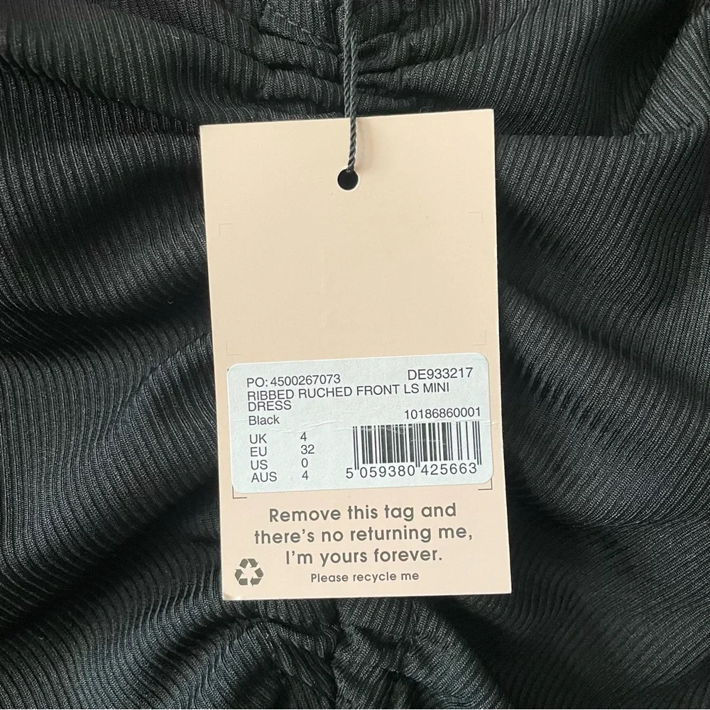 🐈⬛ Missguided (NWOT) Black Rib Ruched Front Long Sleeve Mini Dress 🐈⬛ - Picture 4 of 9